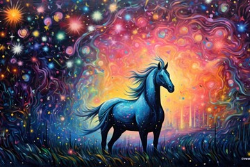 Magic unicorn in the starry night. Fairy tale. Fantasy illustration, Pointillism representation of a space unicorn surrounded by majestic colorful stars in a magical fantasy, AI Generated