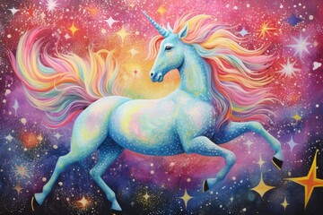 Unicorn on the background of the starry sky. Fantasy illustration, Pointillism representation of a space unicorn surrounded by majestic colorful stars in a magical fantasy, AI Generated