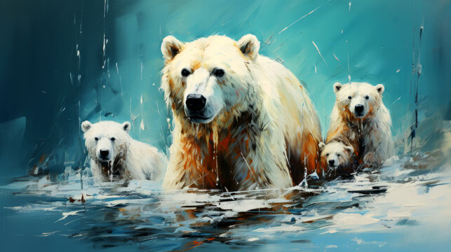 Polar bear with cubs in water. Digital painting style.
