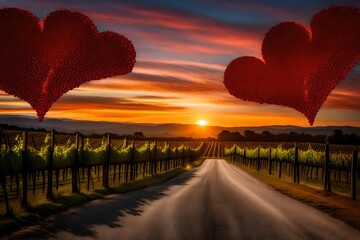 Witness the supernatural allure of a red heart-shaped sky at sunset, casting its warm glow over a...