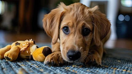 Sad Puppy with Chewed Toy on a Rug Looking for Comfort
