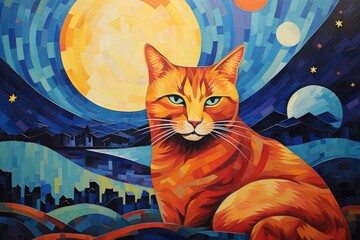 Illustration of a cat on a background of the night city, Post-impressionism portrayal of a cat, AI Generated