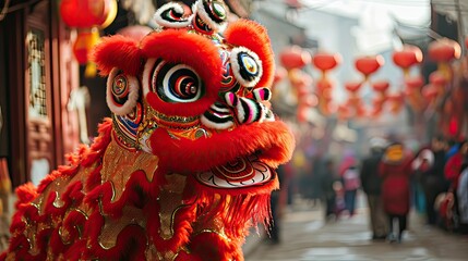 Chinese traditional lion dance costume at a temple in China, Lunar new year celebration, Chinese New Year