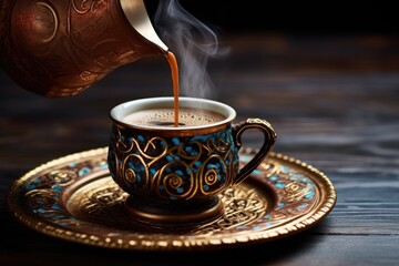 Fototapeta premium Black coffee in a cup on a wooden table. Selective focus, Pour coffee from a Turkish coffee pot into a decorated coffee cup on a wooden table, AI Generated