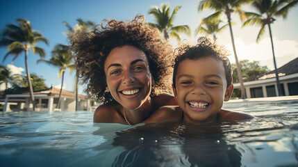 Happy family having fun on summer vacation. African American, Hispanic single mother and child playing in swimming pool. Traveling to tropical beach. Active healthy lifestyle concept - obrazy, fototapety, plakaty