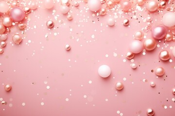 Pink background with confetti and pearls. Festive background, Present pearl confetti on a pink background, AI Generated