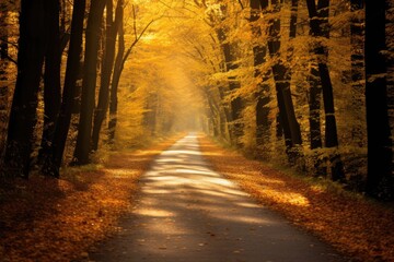 Obraz premium Autumnal road in the forest with sun rays passing through it, Present an autumn forest scenery with a road covered in fall leaves and warm light illuminating the gold foliage, AI Generated