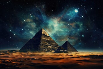 Egyptian pyramids in the desert at night. 3d rendering, Pyramids in the desert at night time with a starry sky and milky way, portrayed in an abstract picture style reminiscent, AI Generated - Powered by Adobe