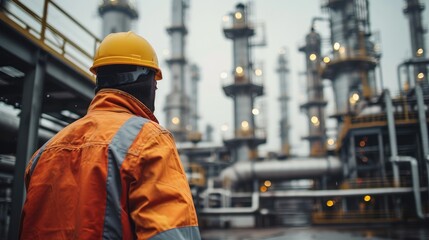 Industry worker with safety jacket and helmet working at refinery plant, Heavy industrial. Generative AI.