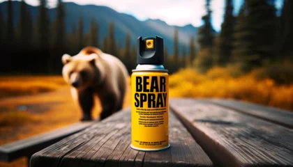 Fotobehang Bear spray is a specific aerosol spray bear deterrent, whose active ingredients are highly irritant capsaicin and related capsaicinoids, that is used to deter aggressive or charging bears © SpeedShutter