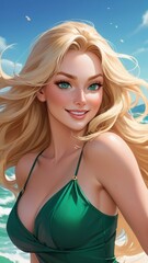 A highly detailed portrait of a stunningly beautiful girl in a tight and form-fitting beautiful frock. Long Blond hair blowing in the wind 