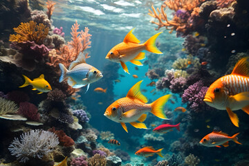 Naklejka na ściany i meble The symphony of colorful fishes and underwater coral reefs