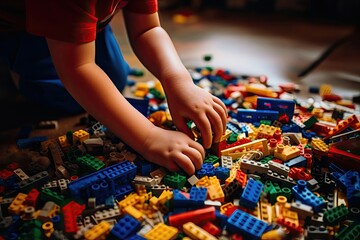 Close-up of child's hands assembling various colorful building blocks