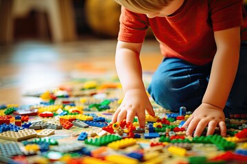 Child engaged with colorful interlocking plastic bricks on the floor.