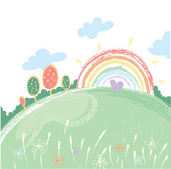 Illustration of a peaceful landscape with trees, rainbow and flowers. Background design for posters, greeting cards, brochure, etc.