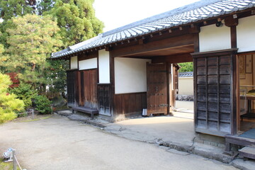 Wooden gate of the Garden of Pine Trees in Koko-en Garden, Himeji, Japan