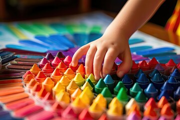 Child's hand selecting from a vibrant array of crayons. - obrazy, fototapety, plakaty