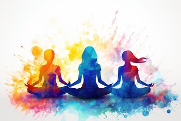 Silhouettes of yoga people on colorful watercolor splashes background, Rainbow silhouette of happy yoga girls in a contemporary art collage of young girls meditating, AI Generated