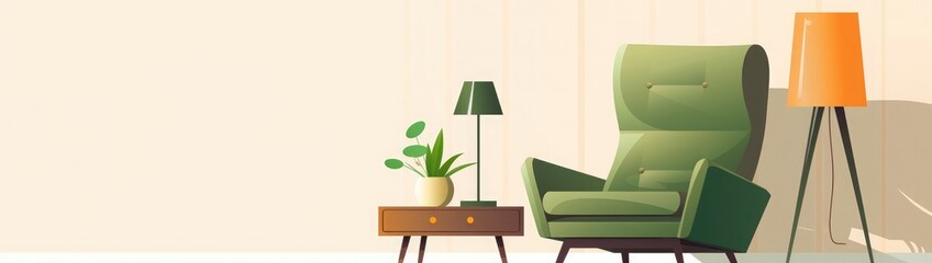 Home interior design with furniture. Modern living room with green armchair, table, lamps and carpet in flat design. Minimal style. Vector illustration.