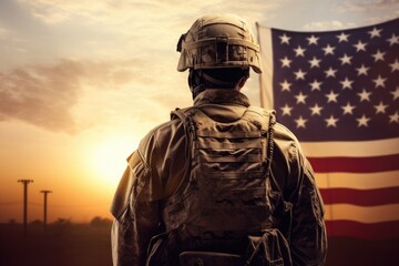 Silhouette of soldier with american flag on sunset sky background, Rear view of a soldier and the US flag against a sunrise background, AI Generated
