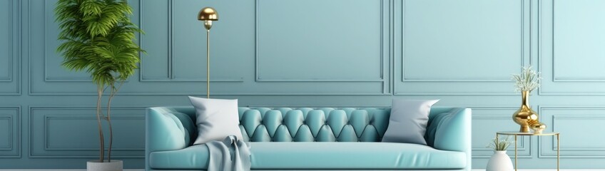 Home interior mockup with blue sofa, marble table and tiffany blue wall decor in living room, 3d render, 3d illustration