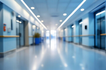 blurred of background. interior of a modern hospital with an empty long corridor, there are treatment rooms and waiting room for patients and families between the corridor with bright white lights.