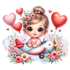  Girl Heart Flowers Valentine's Day Illustration. Baby  Clipart