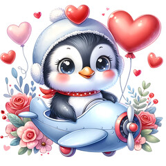 Penguin Flowers Heart Valentine's Day Cute Rabbit Heart Flowers Valentine's Day Illustration. Baby Animal Clipart