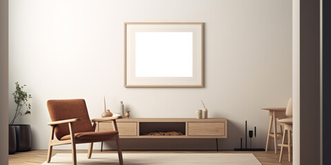 A PNG mockup frame, featuring a clear background, is elegantly displayed on the wall of a living room, providing a customizable element for showcasing artwork. Photorealistic illustration