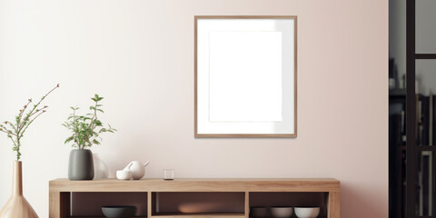 A transparent PNG mockup frame is showcased on the wall, adorned with green plants, offering a customizable space for artwork seamlessly into a natural setting. Photorealistic illustration
