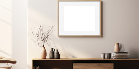 A transparent PNG mockup frame is positioned on the wall, with sunlight streaming in, creating a realistic setting for showcasing images in a well-lit environment. Photorealistic illustration