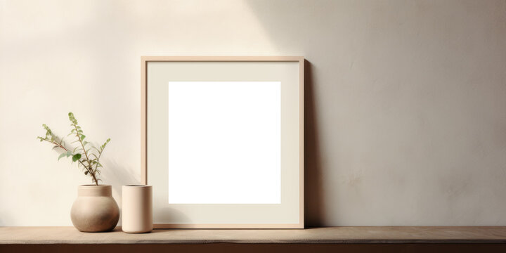 On a rustic wooden table, a small square transparent mockup frame is delicately placed, creating a charming and natural setting for showcasing images or artwork. Photorealistic illustration