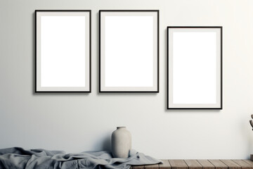 Three transparent portrait mockup frames in PNG format are elegantly arranged on a white wall, offering a clean and versatile display for showcasing images or artwork. Photorealistic illustration
