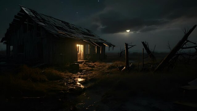 A disused shack overrun by a thick cobwebbing a faint light trickling out of its single window.