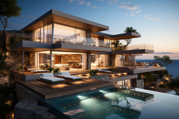 Modern villa with a private rooftop infinity pool overlooking the sea - obrazy, fototapety, plakaty