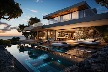 Fototapeta premium Modern villa with a private rooftop infinity pool overlooking the sea