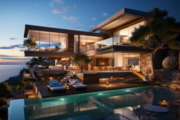 Modern villa with a private rooftop infinity pool overlooking the sea - obrazy, fototapety, plakaty