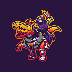 illustration of cartoon grim reaper riding dragon