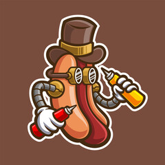 illustration of cute cartoon hotdog with steampunk suit, holding sauce and mustard bottle