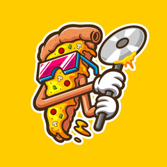 illustration of cute cartoon pizza holding pizza cutter