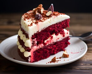 Piece of red velvet cake with cream and nuts on a white plate