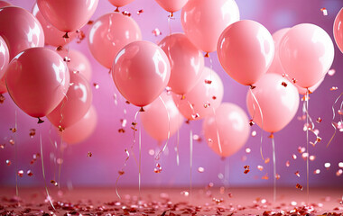 Balloons, streamers, confetti streamers wandering through the air on a pink background