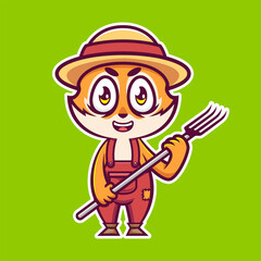 illustration of cartoon tiger farmer wearing straw hat