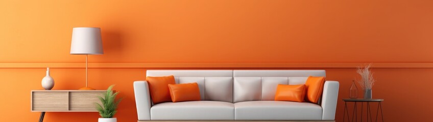 Living room have orange leather sofa and decoration minimal on two tone wall.3d rendering