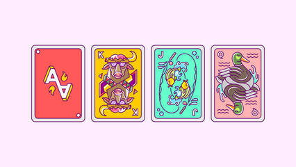 illustration of line art cartoon cards buffalo, fishing, duck