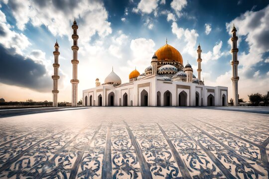 big mosque shinning under the blue sky with deep clouds abstract background 