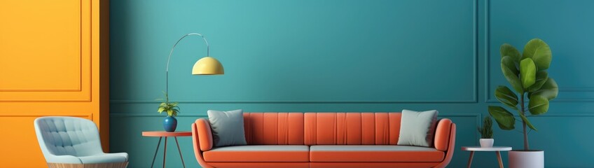 living room interior mock up, modern furniture and trendy home accessories, on colored background, 3D render, 3D illustration