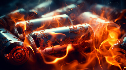 Close-up of burning batteries generating heat and flames , battery danger concept image