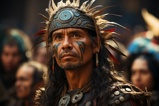 Portrait of a Man dressed like Moctezuma the historic aztec general