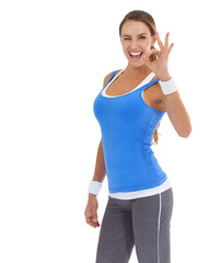 Happy woman, portrait and ok sign for fitness, care or love in health and wellness on a white studio background. Female person smile with like emoji, shape or symbol for perfect gesture on mockup